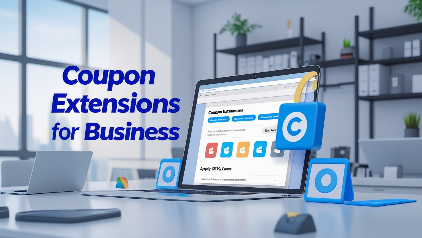 A business professional smiling in a modern corporate office while using a laptop with a Chrome coupon extension applying discount codes at checkout — a visual representation of coupon extensions for business cost-saving strategies.