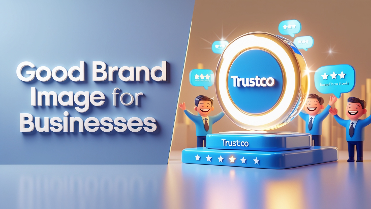 Split featured image showing 'Good Brand Image for Businesses' text on the left and a glowing brand with smiling customers on the right, symbolizing trust and business success.