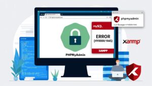 A computer screen displaying phpMyAdmin with a padlock icon, MySQL and XAMPP logos, and a subtle error popup showing "Error (HY000/1045)", representing a local development environment.